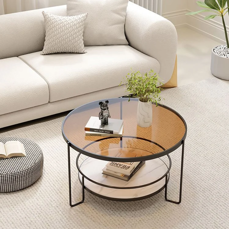 Contemporary Nordic Glass Eco-Friendly Engineered Wood Iron Round Coffee Table With 2 Tiers Storage For Living Room