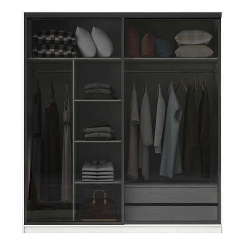 White Wardrobe with Grey Glass Doors Modern Storage Cabinet for Bedroom