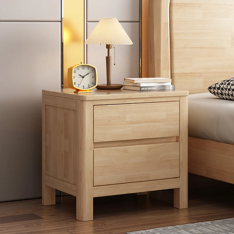 Contemporary Scandinavian Rectangular Tabletop Rubberwood Plywood Nightstand 2-Drawer For Bedroom