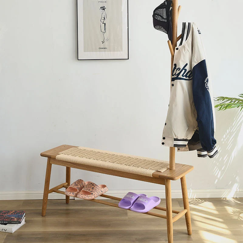 Contemporary Nordic Weaving Kraft Paper Rope Red Oak Wood Cherry Wood Rectangular Bench With 2-Tier Design For Entryway And Living Room