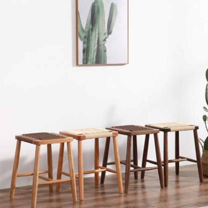 Contemporary Retro Cherry Wood Oak Walnut Kraft Paper Rope Square Vanity Stool Backless For Bedroom