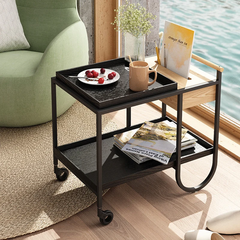Modern Minimalist Metal & Wood Rectangular Side Table With Wheels & 2-Tier Movable Storage For Living Room & Bedroom