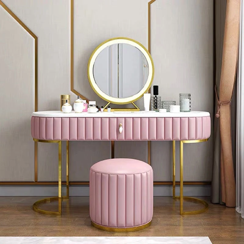 1-Drawer Makeup Vanity Table with Mirror & Stool Luxurious Stone/Leather Dresser