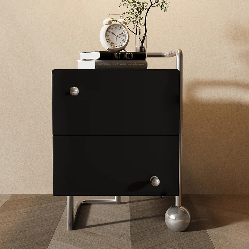 Contemporary Nordic Wood & Stainless Steel Square Nightstand With 2 Drawers For Bedroom & Living Room