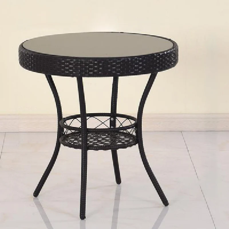 Modern Minimalist Round PE Rattan Iron Glass Coffee Table 1-Tier For Living Room