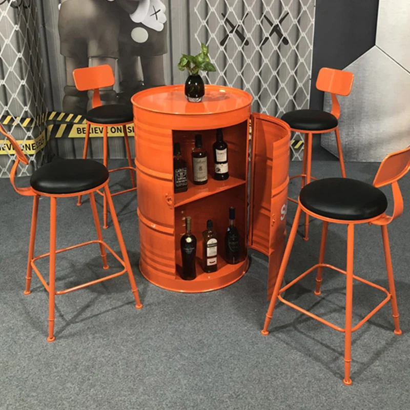Contemporary Industrial PU Leather Iron Drum-Shaped Round Café Table & Stool Set With Storage & 2/4 Seats For Living Room & Kitchen