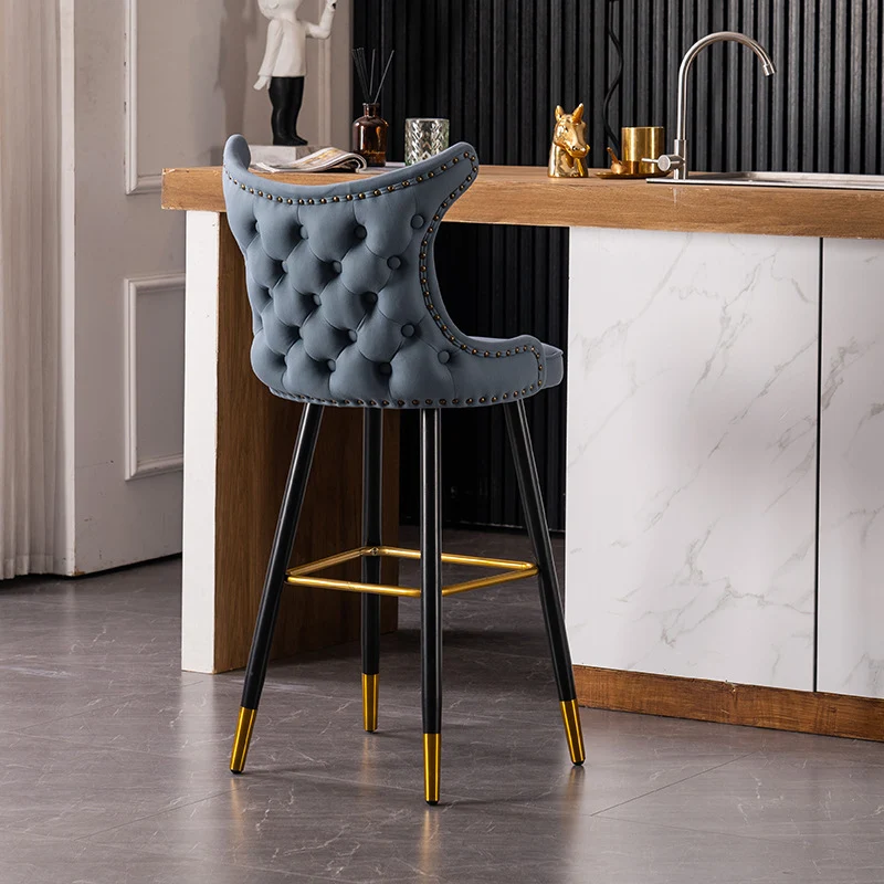 Modern Luxury Synthetic Fabric & Velvet Iron Wingback Nailhead Trim Bar Stool Backrest & Footrest For Kitchen & Bar