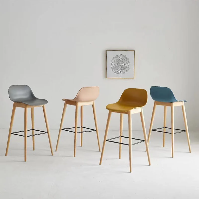 Contemporary Nordic PP Beech & Metal Square Bar Stool With Backrest & Footrest For Kitchen & Bar