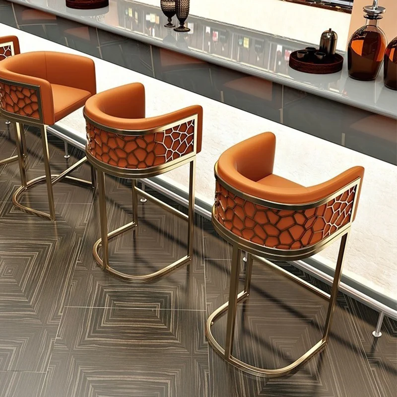 Modern Luxury Faux Leather & Metal Curved Oval Bar Stool With Armrests & Footrest For Kitchen & Bar Counter