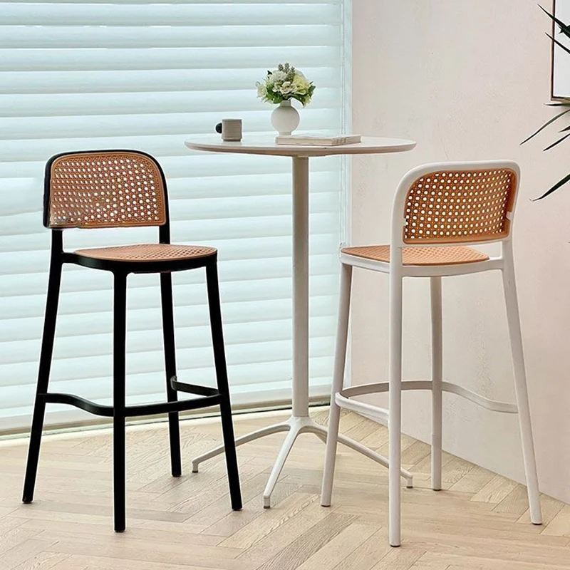 Contemporary Scandinavian PP Weaving Square Bar Stool With Backrest & Footrest For Kitchen & Bar Counter
