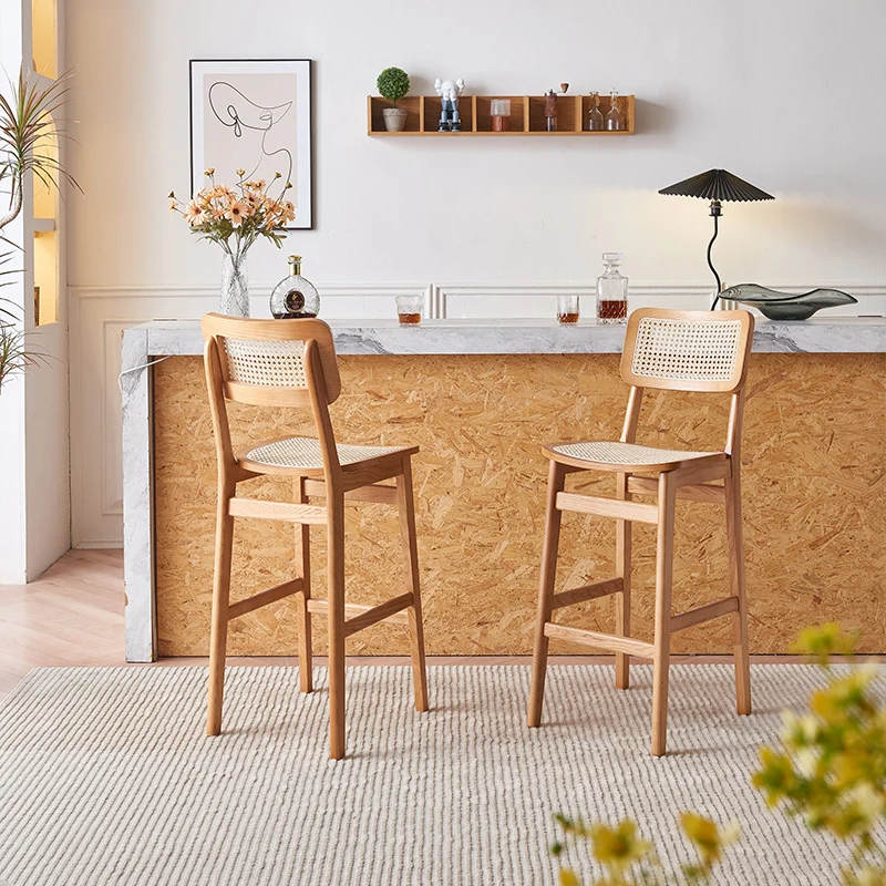 Traditional Japanese Weaving Ash Wood Plywood Rattan Weaving Square Bar Stool With Backrest & Footrest For Kitchen & Bar Counter