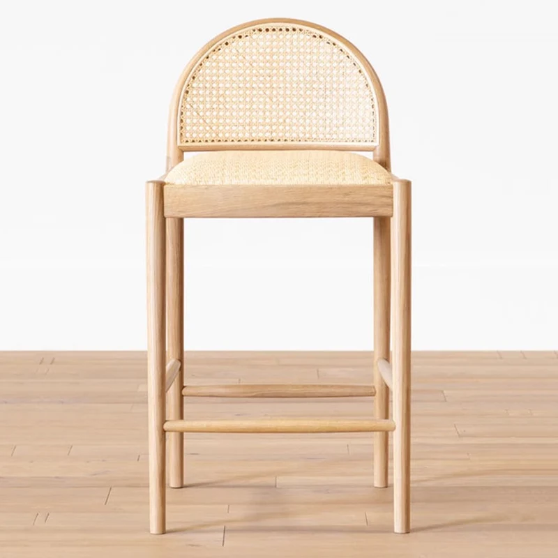 Traditional Japanese Weaving Ash Wood Plywood Rattan Weaving Square And Semi-Round Bar Stool With Backrest And Footrest For Kitchen & Bar