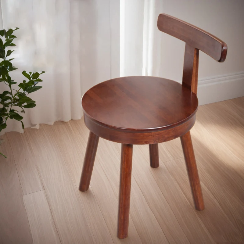Contemporary Retro Nanmu Bamboo Round Swivel Low Stool With Backrest For Living Room & Study