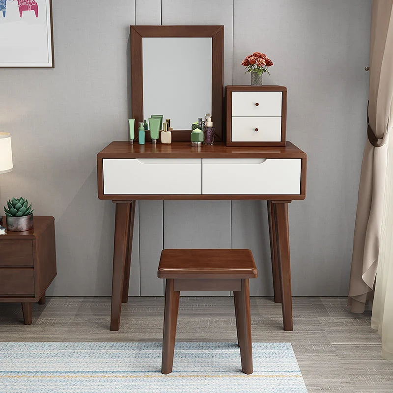 Mirrored Wood Makeup Dressing Table Stool Set with 4 Drawers