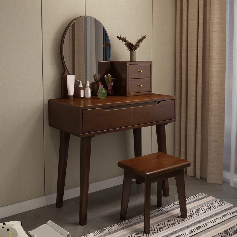 4 Drawer & Mirror Makeup Vanity Desk Rubber Wood Dressing Table