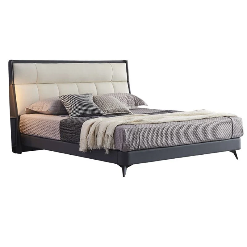 Modern Pine Wood Standard Bed Genuine Leather Panel Bed Upholstered Headboard