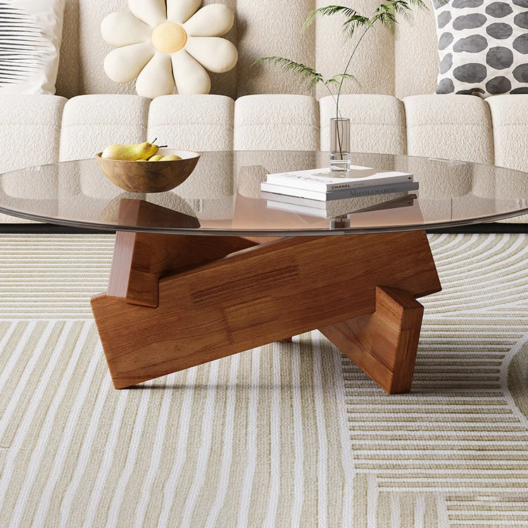 Modern Minimalist Solid Wood Plywood & Tempered Glass Round Mortise Base Coffee Table For Living Room