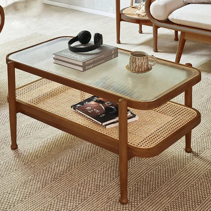 Traditional Japanese Rectangular Ash Wood Glass Coffee Table 2-Tier for Living Room
