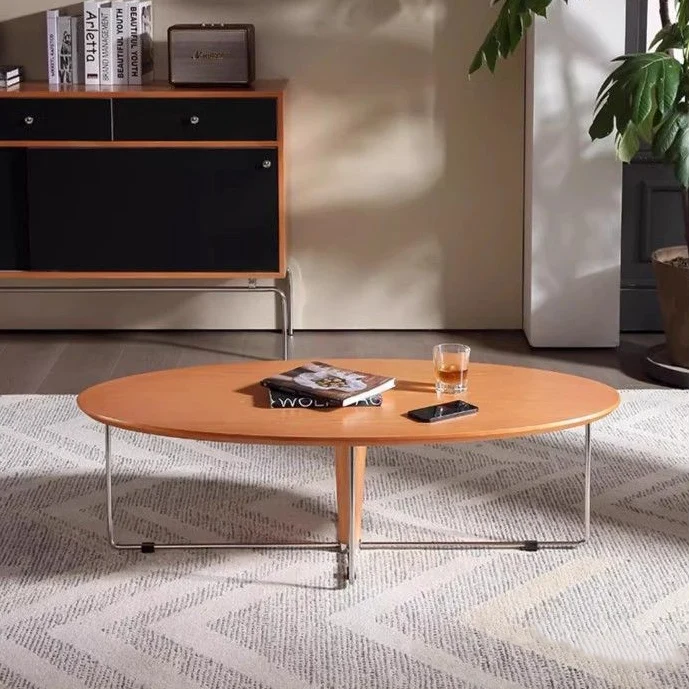Modern Mid-Century Pine And Stainless Steel Oval Coffee Table With Anti-Slip Pads For Living Room Bedroom