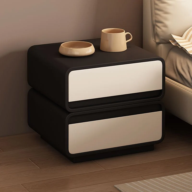 Modern Minimalist MDF And Microfiber Leather Pine Wood Rectangular Nightstand 2 Drawers For Bedroom