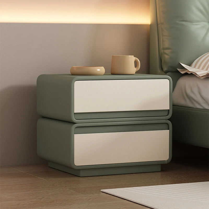 Modern Minimalist MDF And Microfiber Leather Pine Wood Rectangular Nightstand 2 Drawers For Bedroom