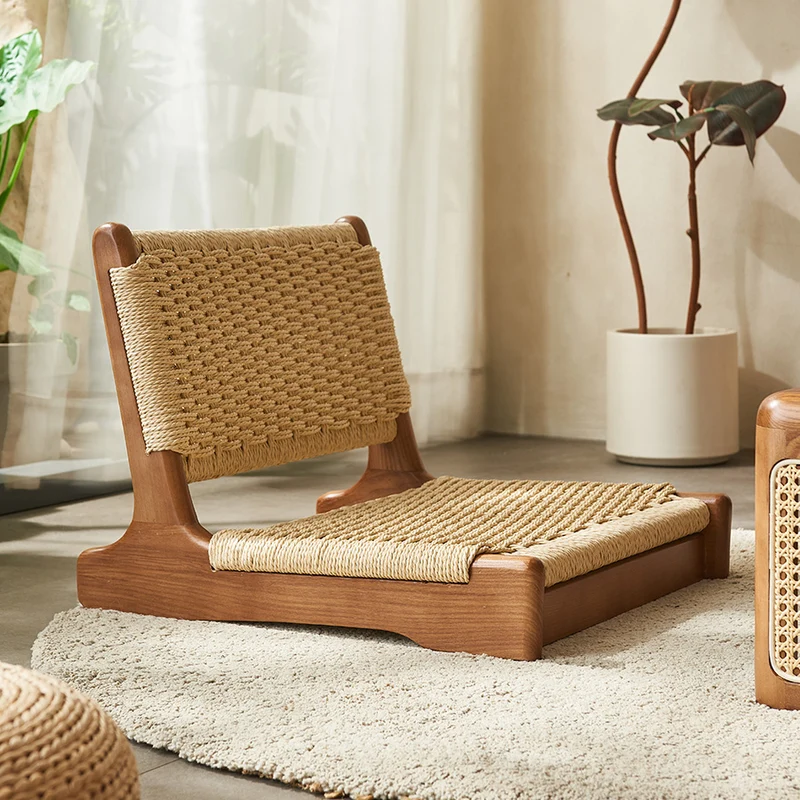 Traditional Japanese Tatami Braided Rope Ash Frame Square Lounge Chair Backrest For Living Room