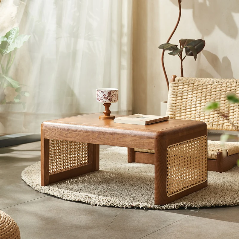 Traditional Japanese Tatami Rattan Ash Frame Rectangular Coffee Table For Living Room