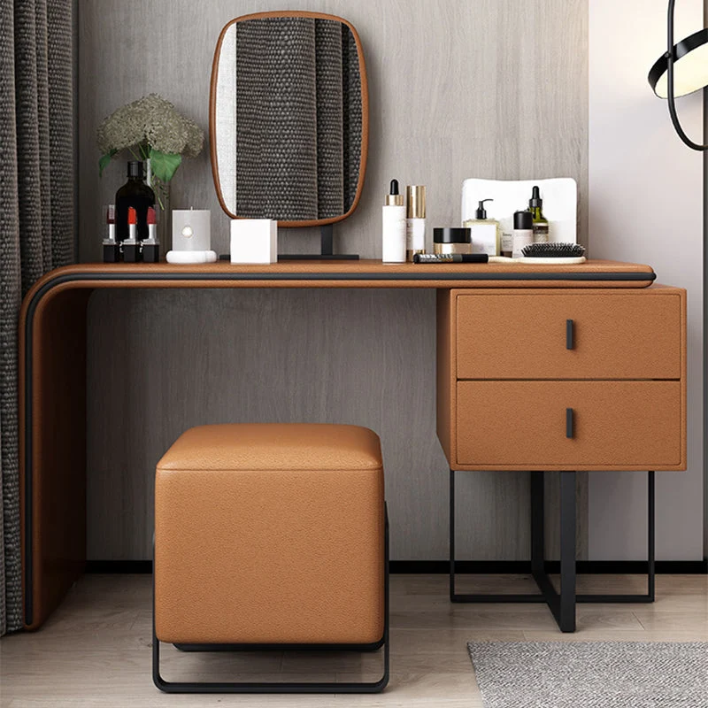 Vanity Mirrored Faux Leather Makeup Dressing Table Stool Set, 28.74"
