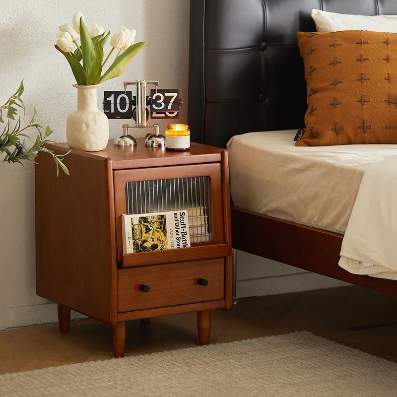 Traditional Vintage Pine Glass Rounded Trapezoid Nightstand 2-Drawer For Bedroom