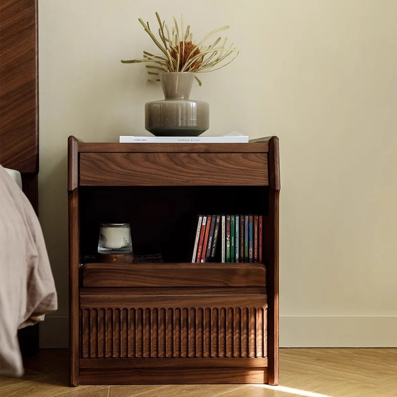 Contemporary Scandinavian Black Walnut Rectangular Textured Nightstand With 2 Tiers For Bedroom