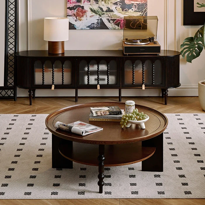 Contemporary Retro Rubberwood Round Roman Column Coffee Table 2 Tiers For Living Room