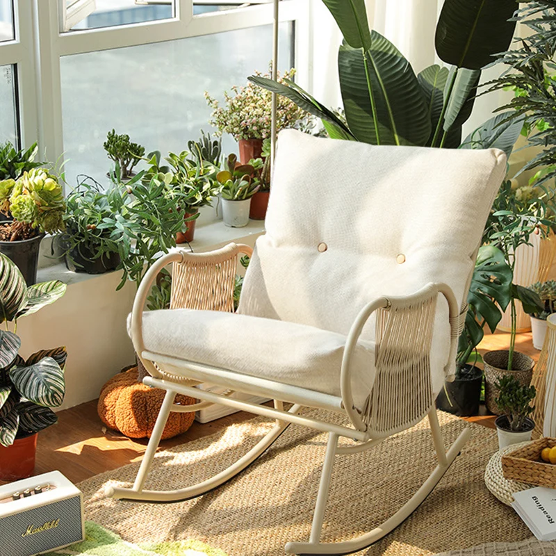Traditional Farmhouse Weaving Cotton-linen PE Carbon Steel Curved Rocking Chair With Backrest & Armrests For Balcony & Living Room