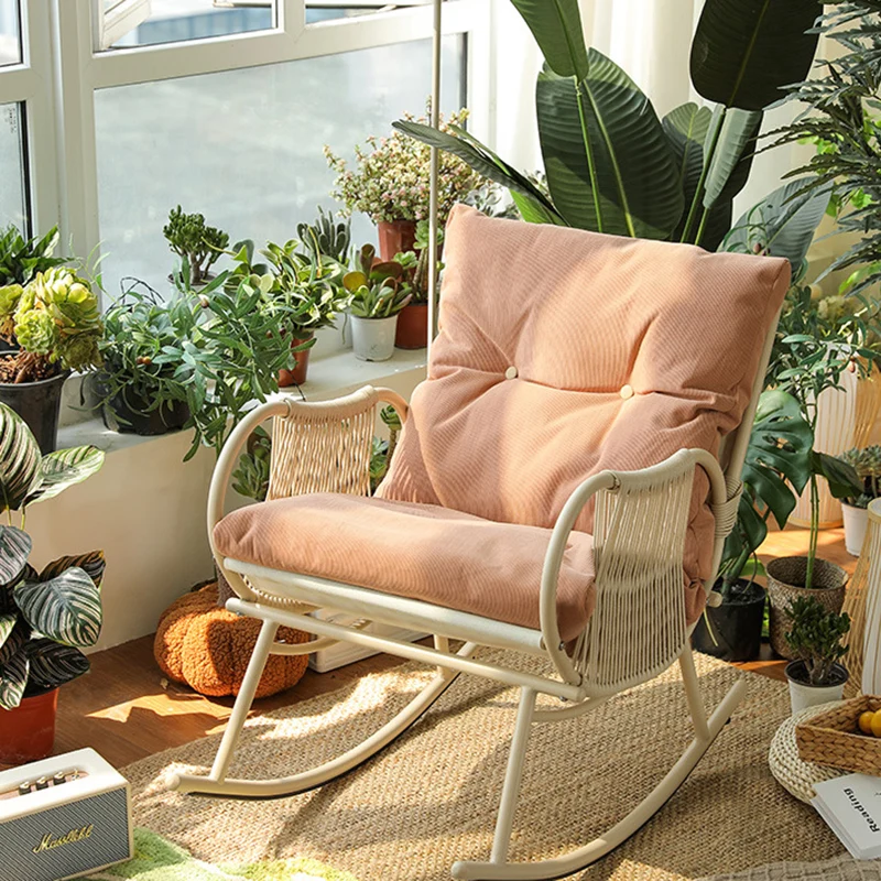 Traditional Farmhouse Weaving Cotton-linen PE Carbon Steel Curved Rocking Chair With Backrest & Armrests For Balcony & Living Room