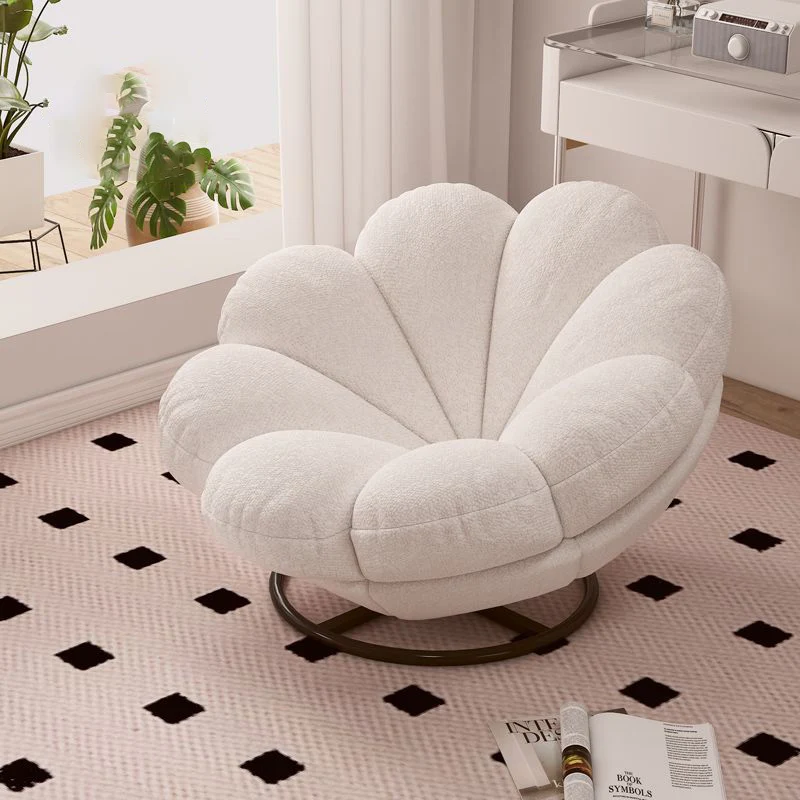 Contemporary Nordic Teddy Fleece Iron Petal-Shaped Swivel Lounge Chair With Backrest & Footrest For Living Room & Bedroom