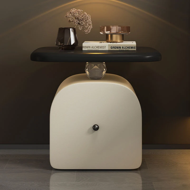 Contemporary Nordic Faux Leather & Wood Curved Nightstand With 1-Drawer For Bedroom