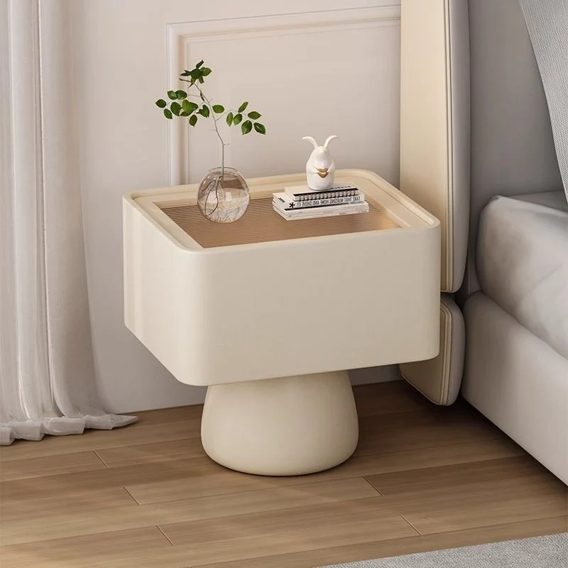 Modern Minimalist Solid Wood Plywood Density Board Microfiber Leather & Glass Cream Style Rectangular-Cylinder Nightstand With 1-Drawer For Bedroom
