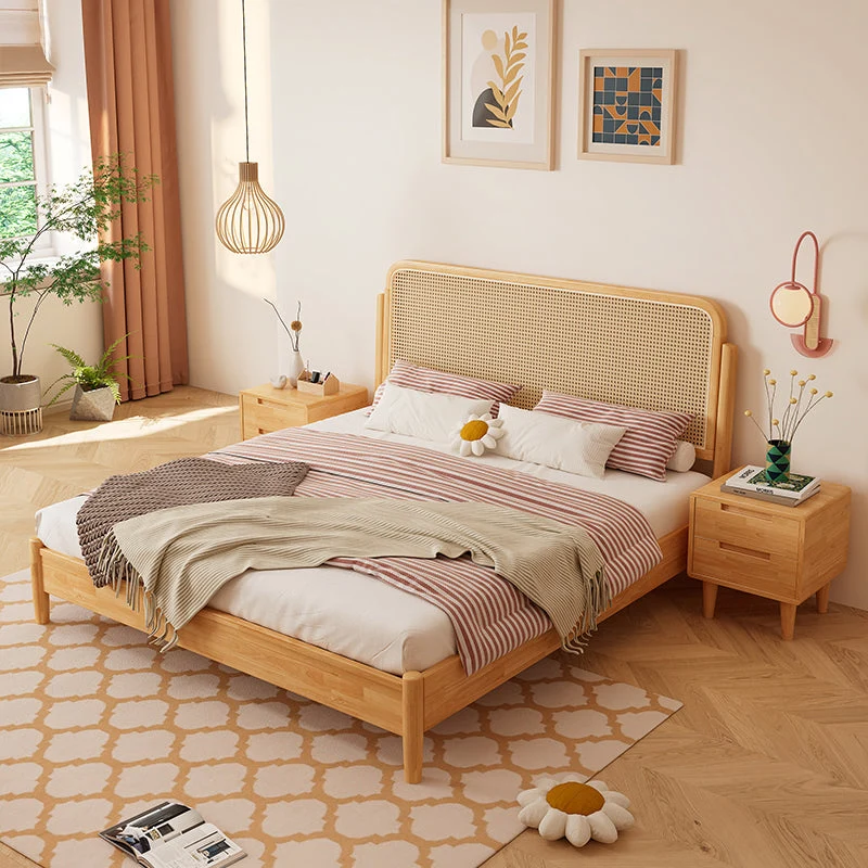 Rattan and Rubberwood Panel Bed Natural Tropical Standard Bed Rectangular
