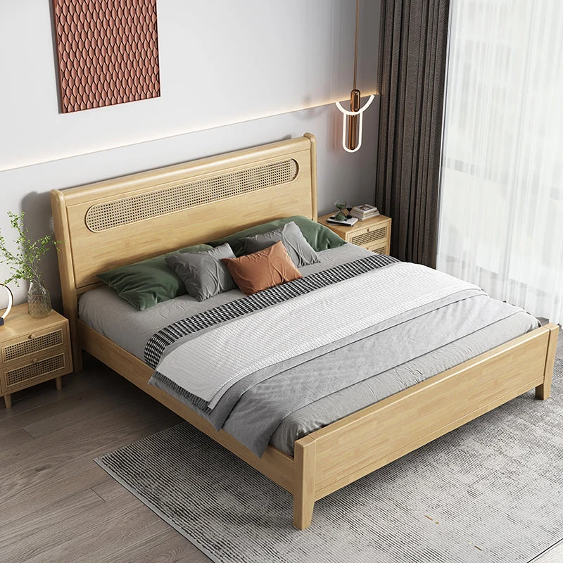 Rectangular Natural Standard Bed Solid Wood and Rattan Panel Bed Rubberwood