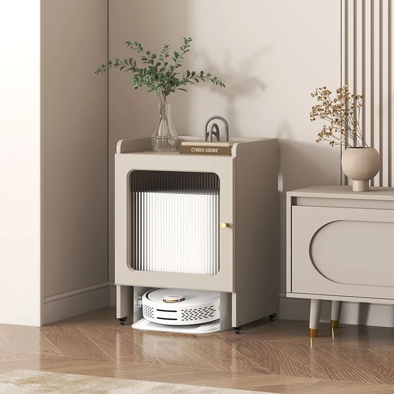 Contemporary Nordic Striped Glass Slab And Particle Board Side Table 1/2 Cabinet With Silent Wheels For Living Room