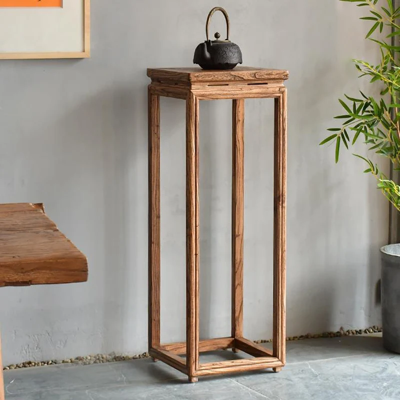 Traditional Vintage Elm Wood Square Side Table Plant Shelf With Natural Texture For Living Room & Balcony