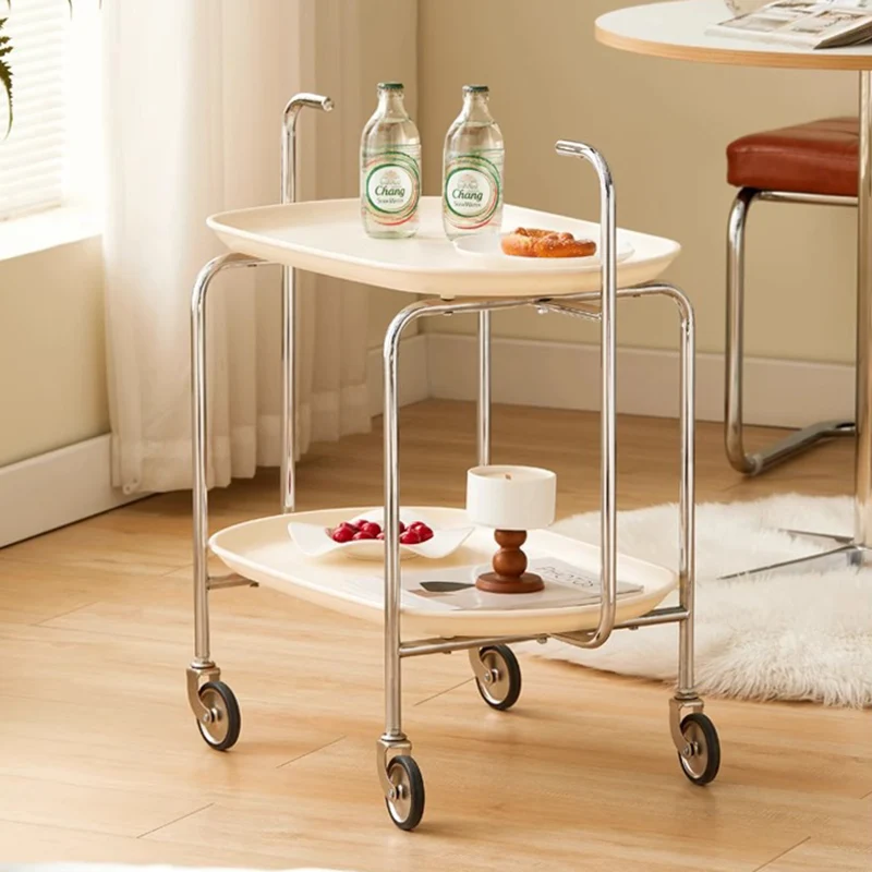 Contemporary Nordic ABS & Iron Oval Movable Side Table 2-Tier With Wheels & Handles For Living Room & Bedroom