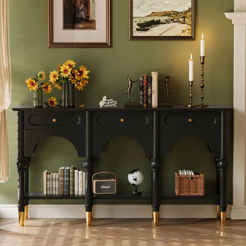 Traditional French Rubberwood Metal Plywood Arched Roman Column Console Table With 3 Drawers & 2-Tier Storage For Entryway