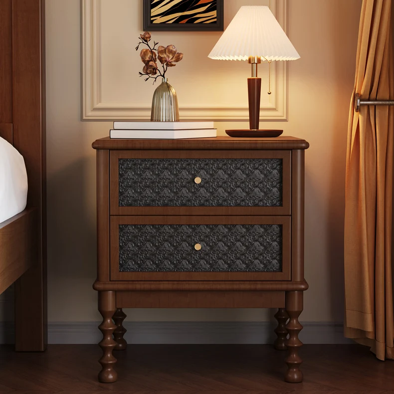 Contemporary Retro Rubberwood Glass Metal Rectangular Nightstand 2 Drawers For Bedside Storage