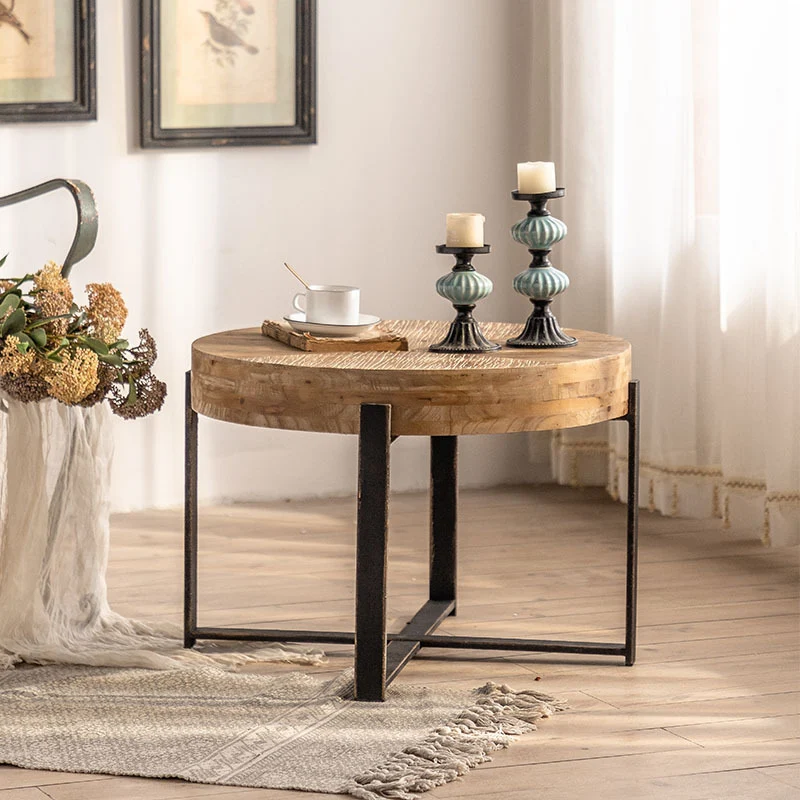 Traditional Vintage MDF Chinese Fir & Iron Round Low Coffee Table With X-Shaped Leg For Living Room