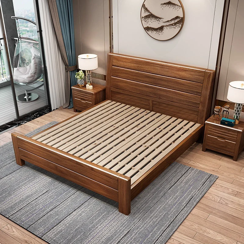 Walnut Solid Color Panel Bed Mid-Century Modern Standard Bed with Headboard
