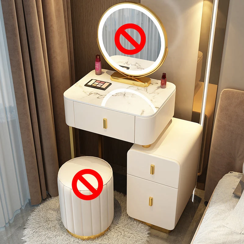 Mirror & 3 Drawers Wood Makeup Vanity Stone Top Dressing Table