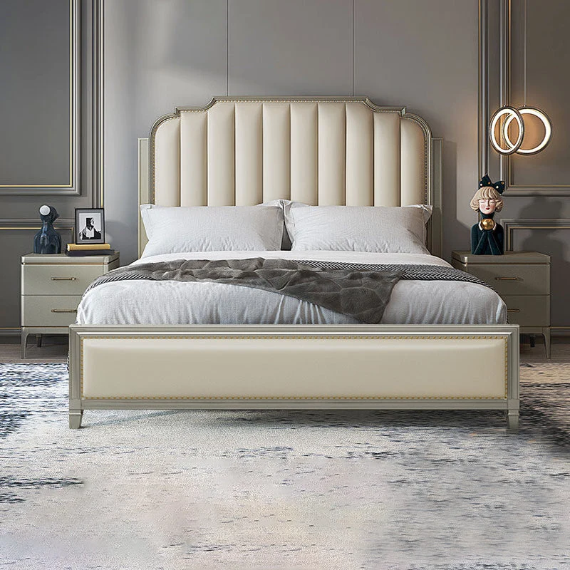 Stepped Glam Bed Frame Beech Standard Bed with Nail Head Trim