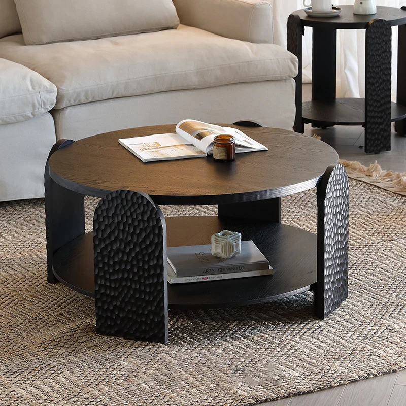 Modern Mid-Century Pine Wood MDF Round Black Side Table 1-Tier For Living Room