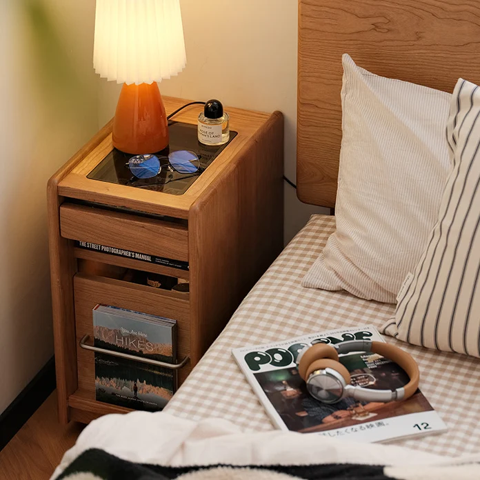 Traditional Japanese Cherry Wood & Stainless Steel Mobile Rectangular Nightstand 3-Tier For Bedroom