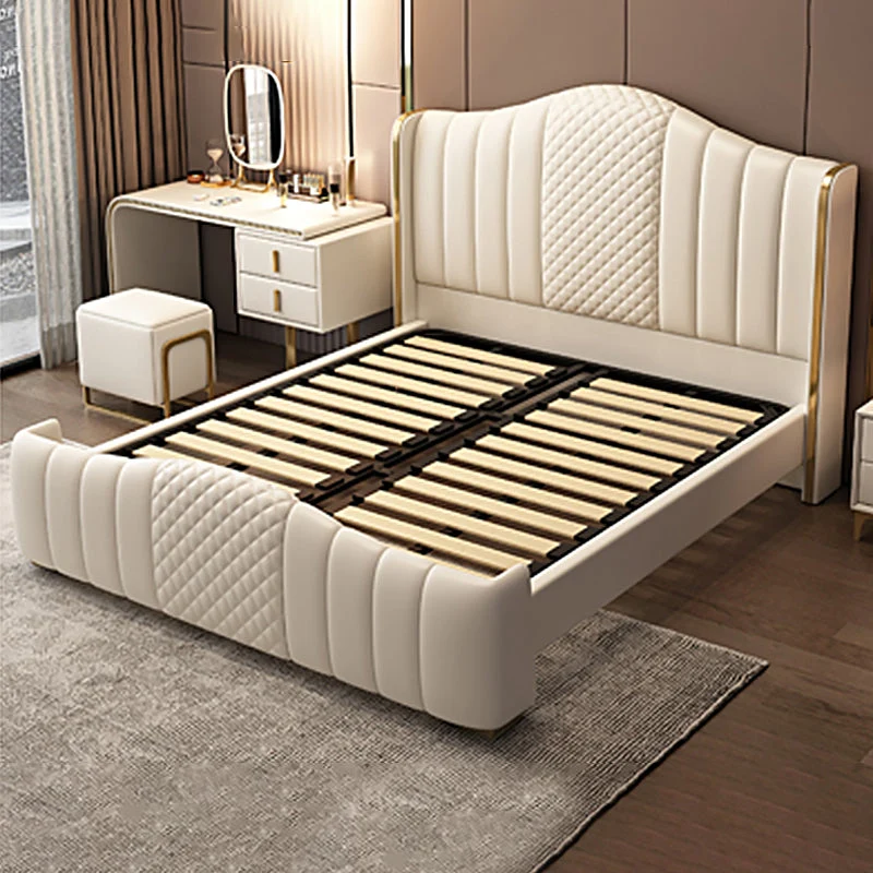 Glam Beige Standard Bed Camel Back Pine Wood and Metal Panel Bed